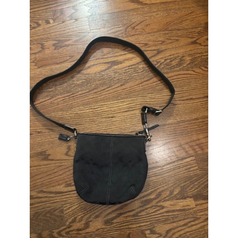 Coach crossbody handbag purse adjustable strap black jacquard logo spellout